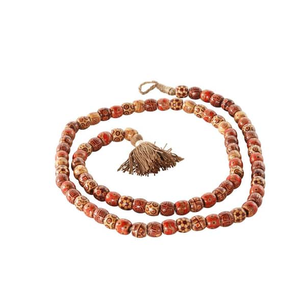 Litton Lane 63 in. Red Handmade Wood Long Beaded Garland with Tassel with Bohemian Patterns