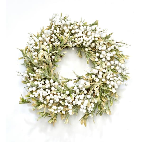 Unbranded 24 in. Artificial Green Leaves Wreath with White Berries