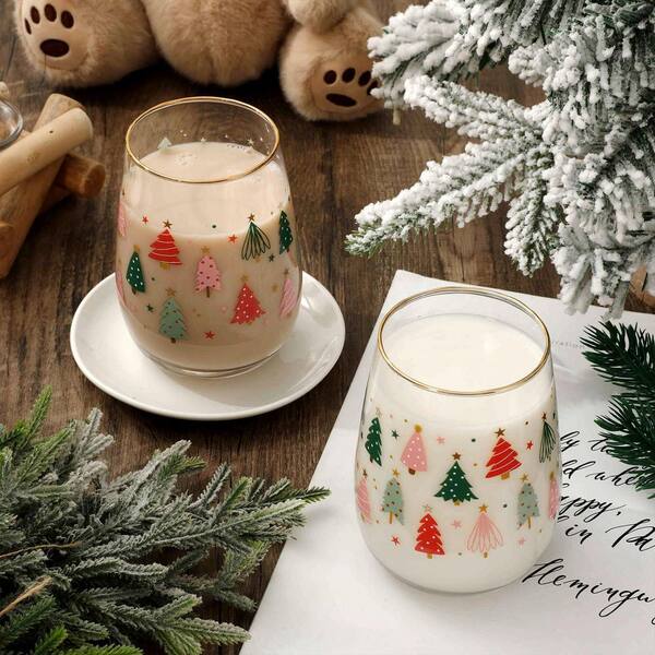 Wudkey 17 oz. Christmas Stemless Wine Glasses with Gold Rim (Set of 2) Boho Christmas Tree Drinking Glasses