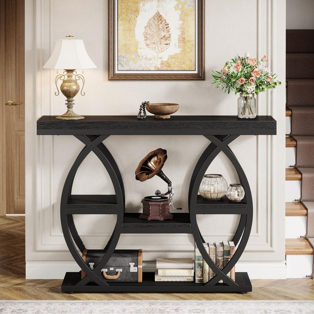 BYBLIGHT Turrella 39.4 in. Black Rectangle Wood Console Table with ...