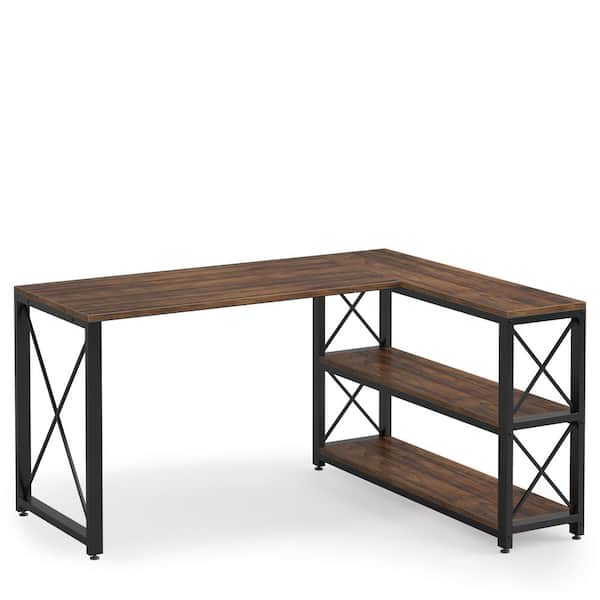 TRIBESIGNS WAY TO ORIGIN Halseey 53.15 in. W L-Shaped Brown Computer Desk Writing Studying Reading Desk 2-Tier Storage Shelves