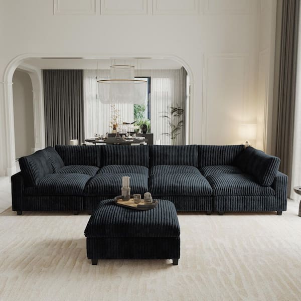 Down Filled Oversized 197 in. Square Arm Velvet U-Shaped Oversized Deep Seat Modular Sofa with Ottomans in Gray