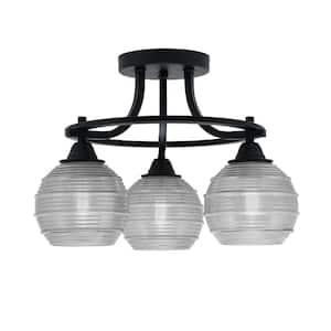 Madison 15.25 in. 3-Light Matte Black Semi-Flush Mount with Clear Ribbed Glass Shade