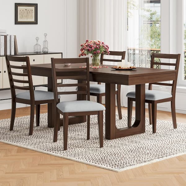 Kane Mid Century Modern Beige+Walnut Fabric Upholstered Dining Chair (Set of 4)