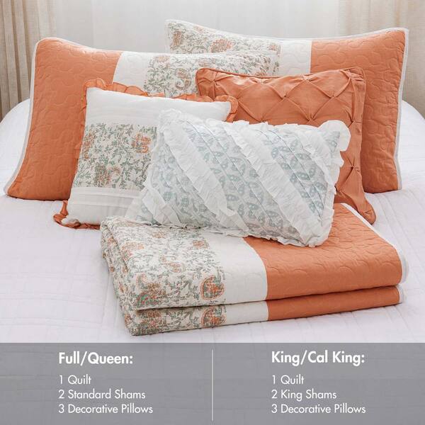 6-Piece Coral King Cotton Percale Quilt Set Floral Print, Double