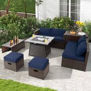 35 in. 9-Piece Wicker Patio Fire Pit Set Space-Saving Sectional Sofa Set with Storage Box and Navy Cushions