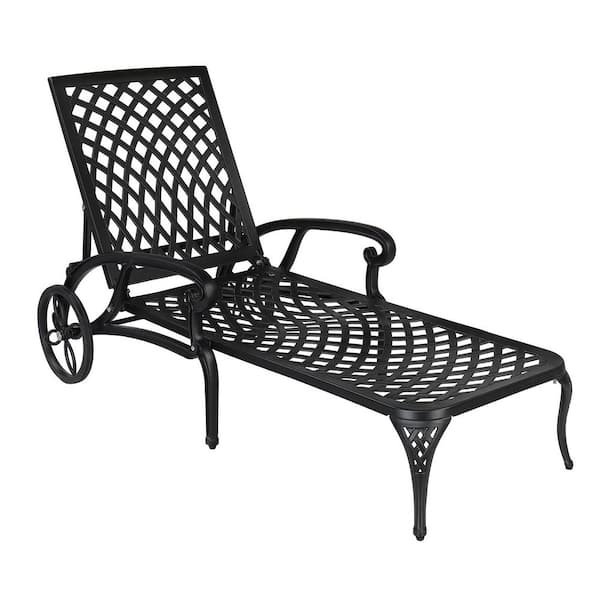 VINGLI Black Cast Aluminum Metal Outdoor Chaise Lounge with Wheels and 3-Position Adjustable Backrest for Patio, Pool