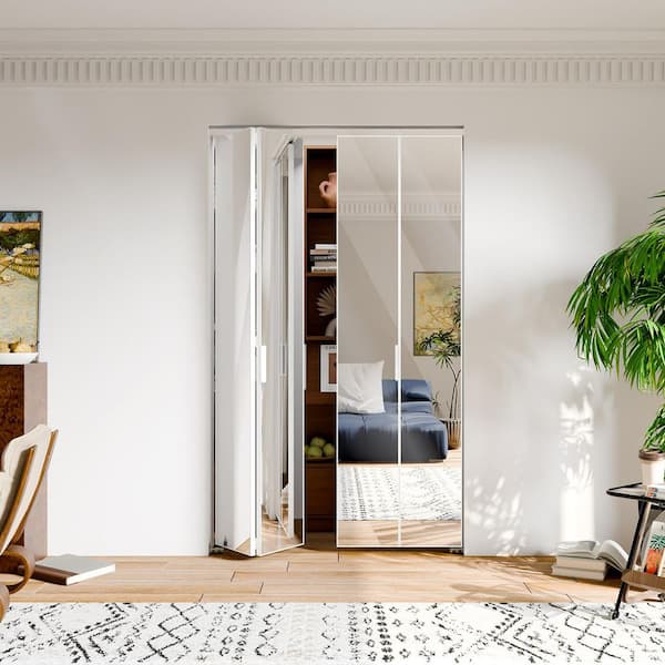 48 in. x 80 in. Mirrored Glass, White, Hollow Core, MDF, Aluminum Frame, Full Lite Bi-fold Doors with Hardware Kits