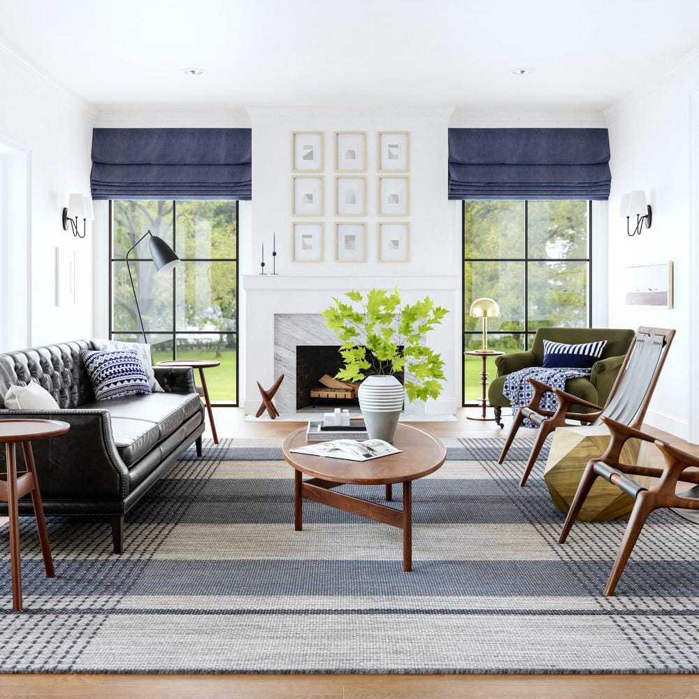Blue and Gray Handmade Wool Plaid Area Rug 5' x 8'