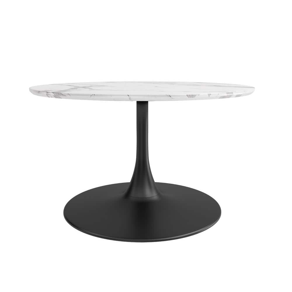 Jamesdar Kurv Cafe Lux 31.5 in. White Faux Marble Round MDF Coffee Table, White Faux Marble and Black