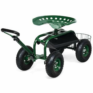 38 in. Dia Green Steel Heavy-Duty Garden Cart with Tool Tray and 360 Swivel Seat