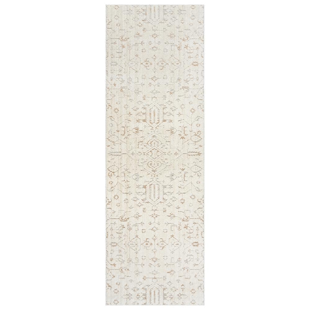 Cream and Beige Synthetic Moroccan Runner Rug 2'7" x 8'