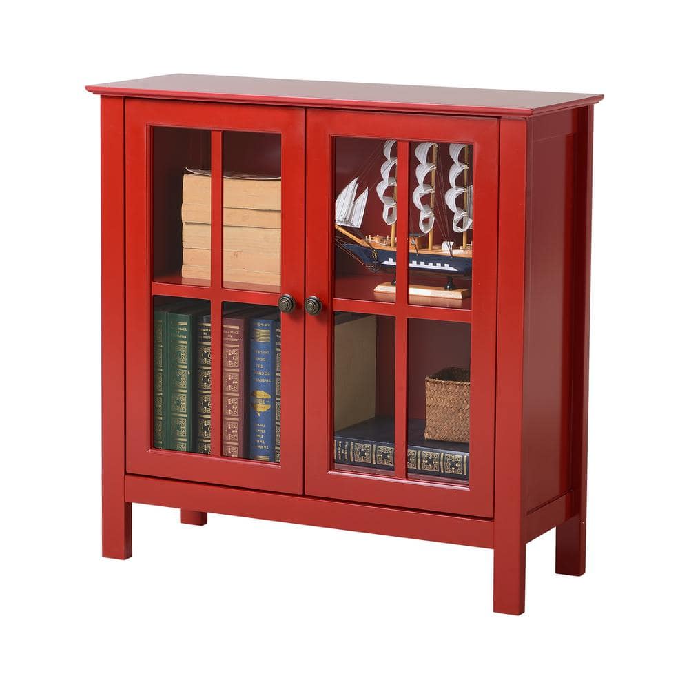 Red Glass Door Lighted Accent Display Cabinet