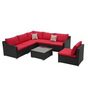 7-Piece Dark Brown Rattan Wicker Outdoor Patio Sectional Sofa Set with Red Cushions and 2 Pillows