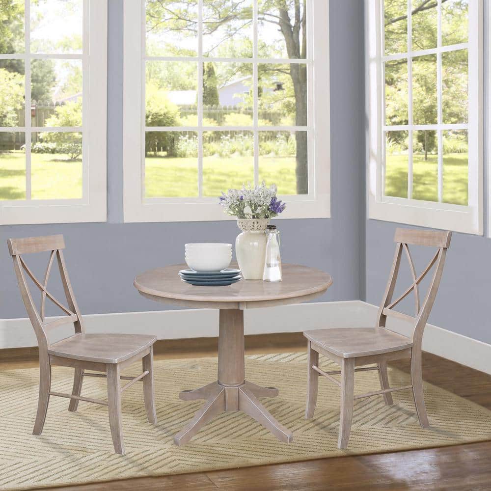 Washed Gray Taupe Solid Wood X-Back Dining Chairs, Set of 2
