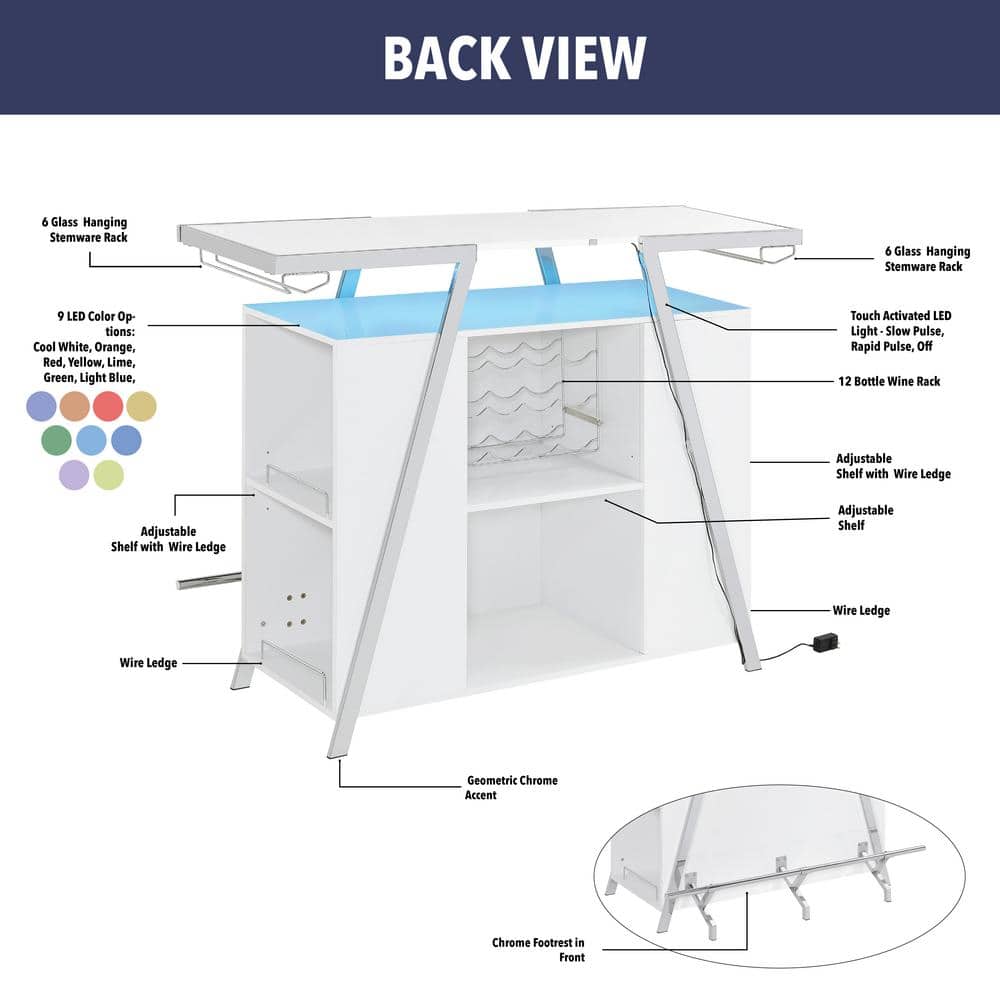 Zena 3-Piece White and Chrome Acrylic Bar Set with LED Lights