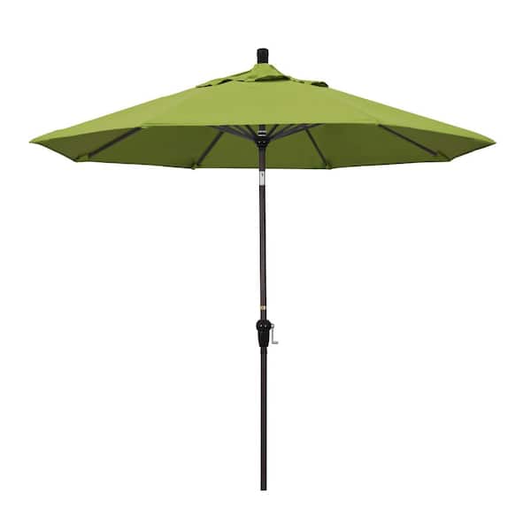 California Umbrella 9 ft. Bronze Aluminum Pole Market Aluminum Ribs Auto Tilt Crank Lift Patio Umbrella in Macaw Sunbrella