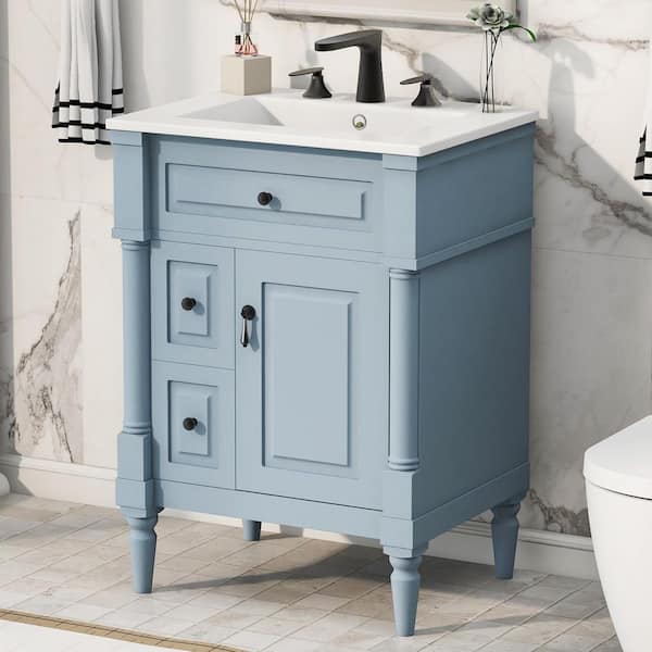 24 in. W x 18.3 in. D x 34.4 in. H Single Sink Freestanding Bath Vanity in Blue Grey with White Ceramic Top
