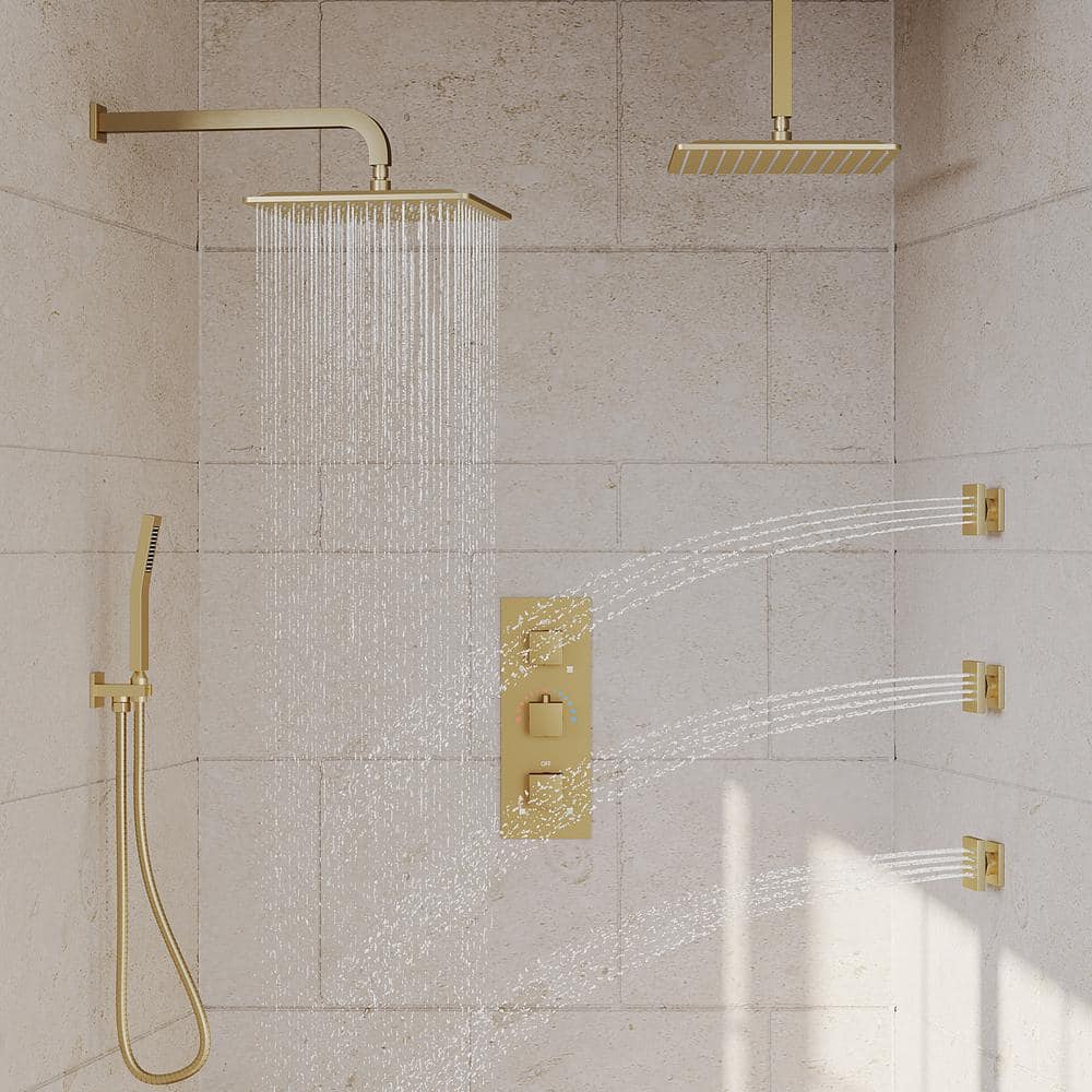 Grandjoy Brushed Gold Dual Shower Head System with Handheld Spray and Jets