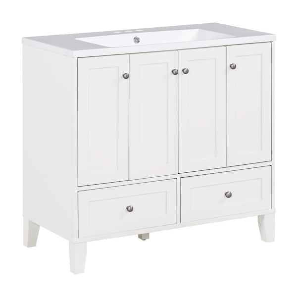Zeus & Ruta 36 in. W x 18 in. D x 34 in. H Single Sink Bath Vanity in White with White Resin Top, 2 Drawers and 4 Doors
