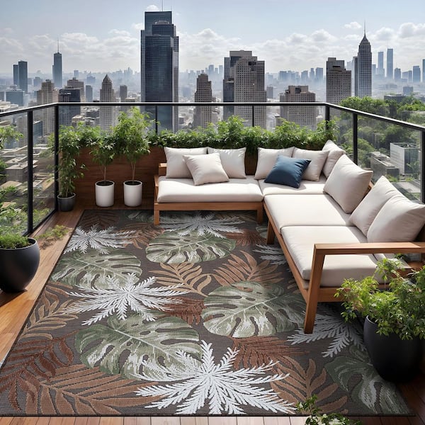 Jungle Brown 9 ft. x 12 ft. Washable Tropical Floral Indoor Outdoor Area Rug