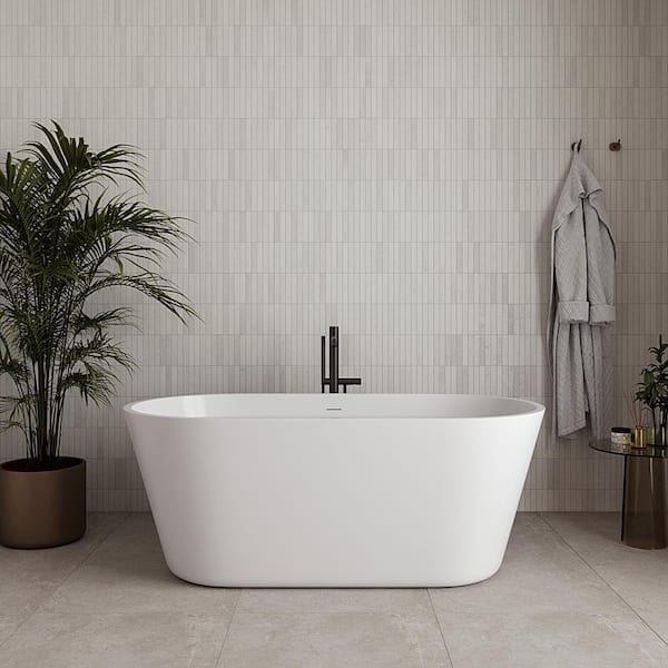 59 in. x 30 in. Acrylic Freestanding Soaking Bathtub in Glossy White with Brushed Gun Metal Drain