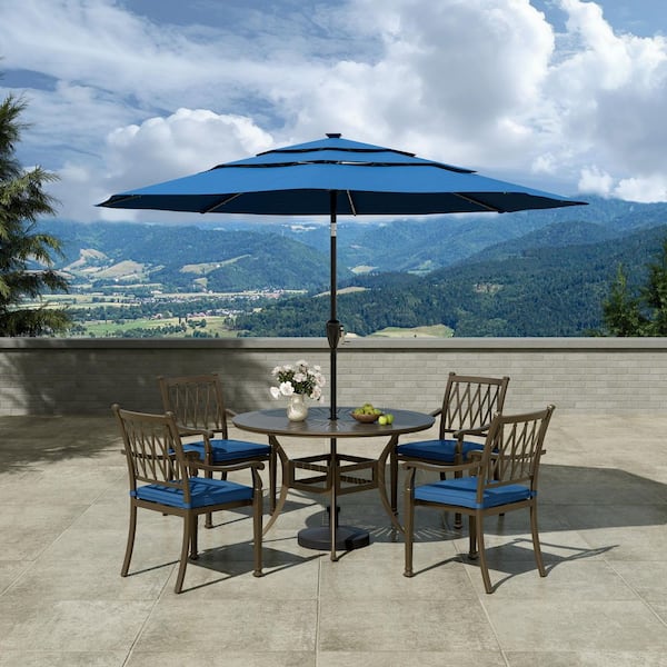 5-Piece 48 in. Round Table Brown Cast Aluminum Outdoor Dining Set with 4-Dining Chairs and Navy Blue Cushions