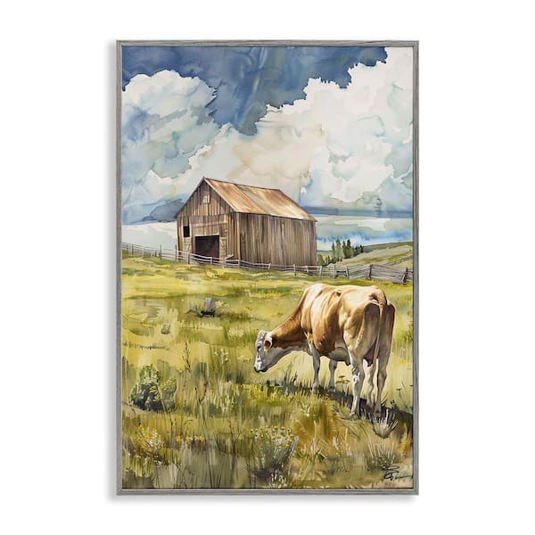 Stupell Industries Cow in Vast Field by Franklyn Gregory Gray Framed Nature Giclee Art Print 18 in. x 12 in.