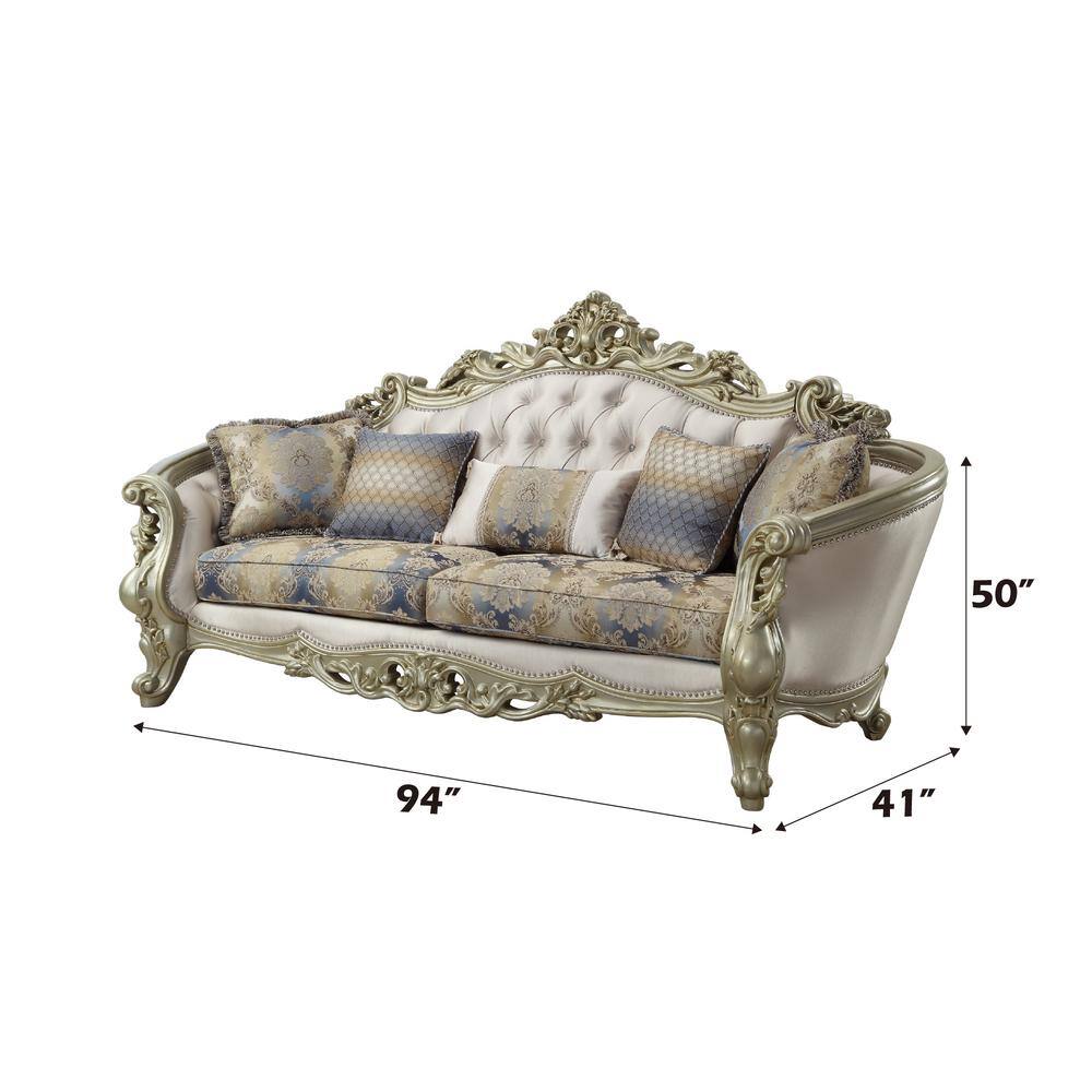 Elegant Antique White Floral Tufted Sofa with Nailhead Trim