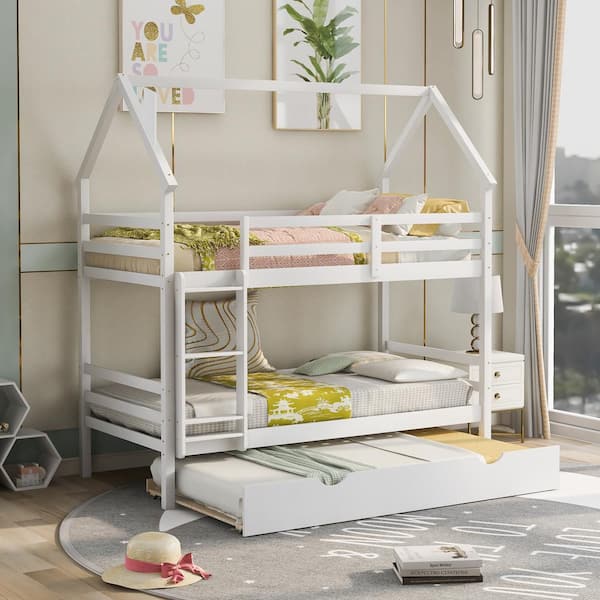 Gojane White Twin Over House Bunk, Twin Over Twin Bunk Bed With Trundle