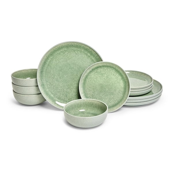 Asher Green 12-Piece Stoneware Dinnerware Set, Round, Microwave and Dishwasher Safe
