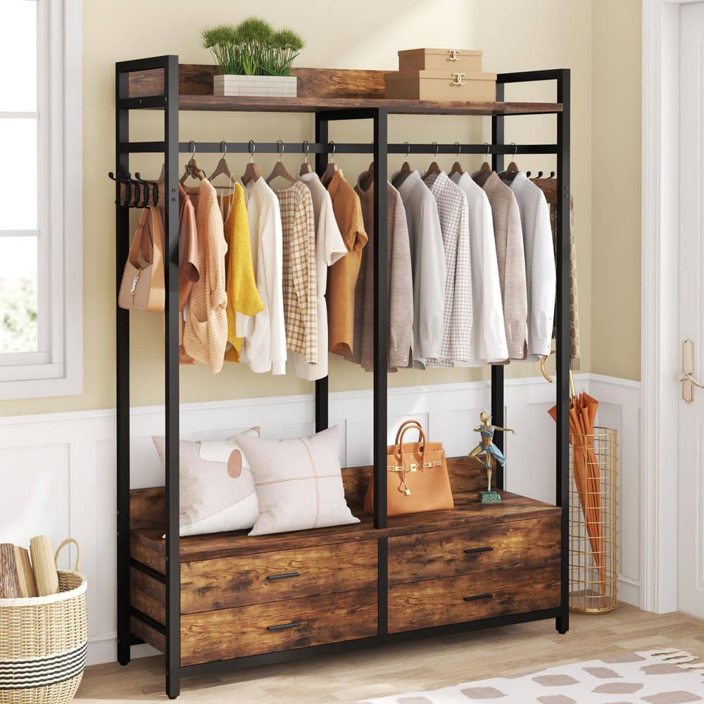 Carmalita Brown Wood 47 in. Open Wardrobe, Freestanding Closet Organizer Clothing Rack Armoire with 4 Drawers, 8 Hooks price history on PriceWatchPro