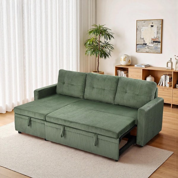 79.13 in. Square Arm 2-Piece Corduroy Convertible Pull Out Sleeper L-Shaped Sectional Sofa in Green with Storage Chaise