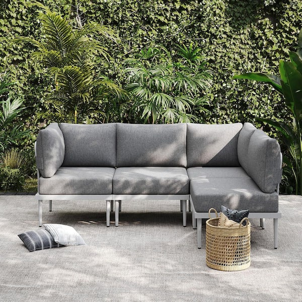 AURA OUTDOOR 4-Piece Metal Outdoor Sectional Sofa Set Patio Furniture Set with 6 in. Olefin Cushion, White