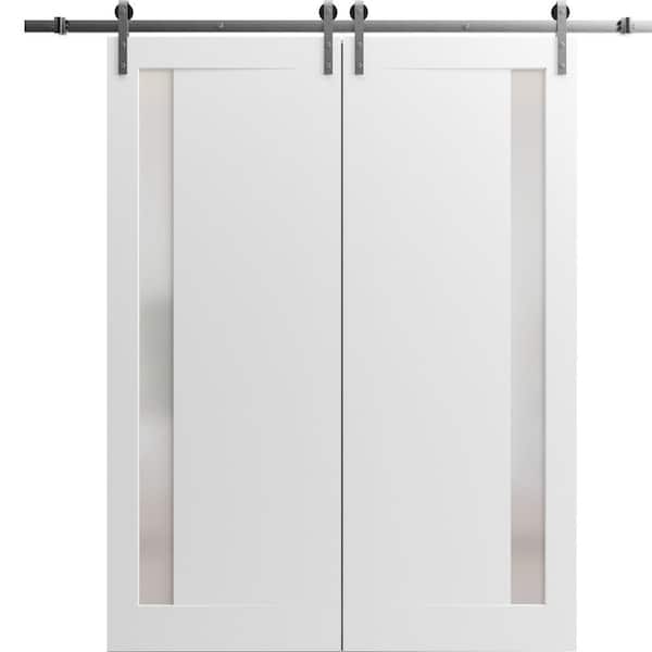 Sartodoors 28 in. x 96 in. 2 Panel Frosted Glass Painted White Solid Wood Sliding Barn Door with Hardware Kit