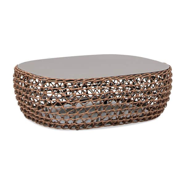 40.5" Oval Woven Patio Coffee Table, Golden Brown Wicker Frame, Wheat Beige