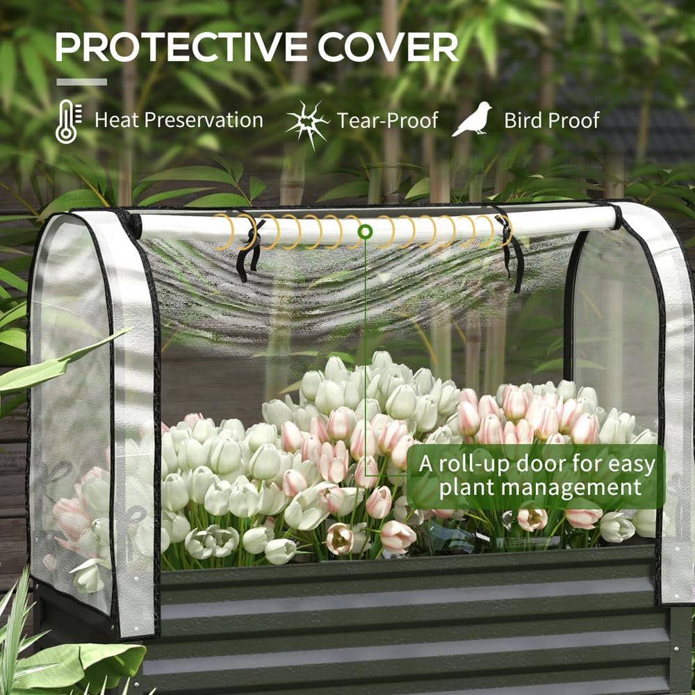 Black Metal Raised Garden Bed with Cover and Storage Shelf