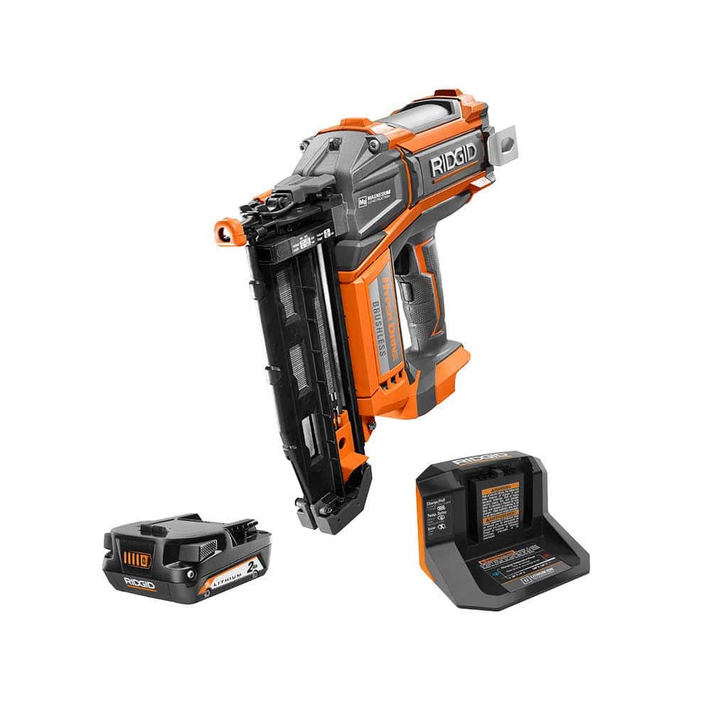 RIDGID 18V Brushless Cordless 16-Gauge 2-1/2 in. Straight Finish Nailer Kit with 18V Lithium-Ion 2.0 Ah Battery and 18V Charger -  R09892-R9302