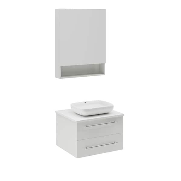 Fresca Lucera 24 in. Single Sink Wall Mount White Bath Vanity with White Quartz Top, Vessel Sink and Medicine Cabinet