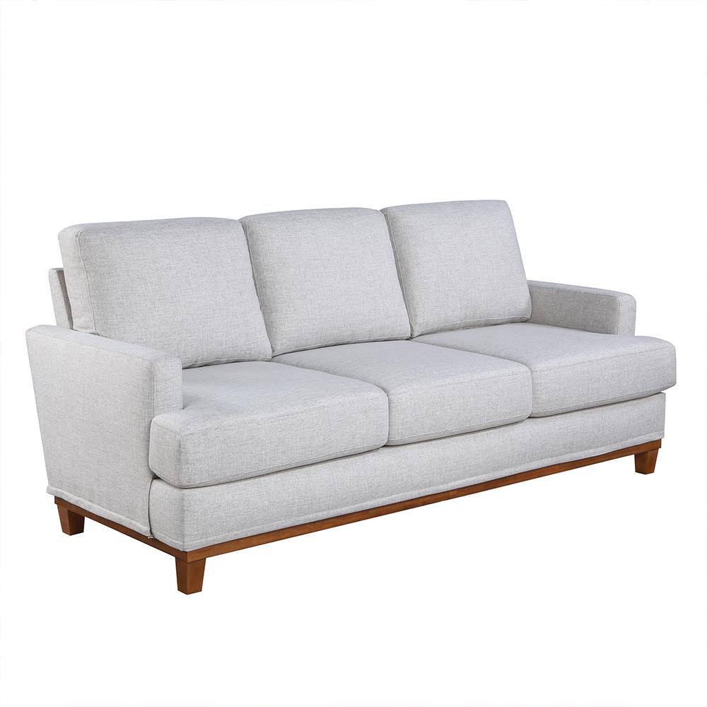 Gray polyester straight sofa with round arms and wooden legs.