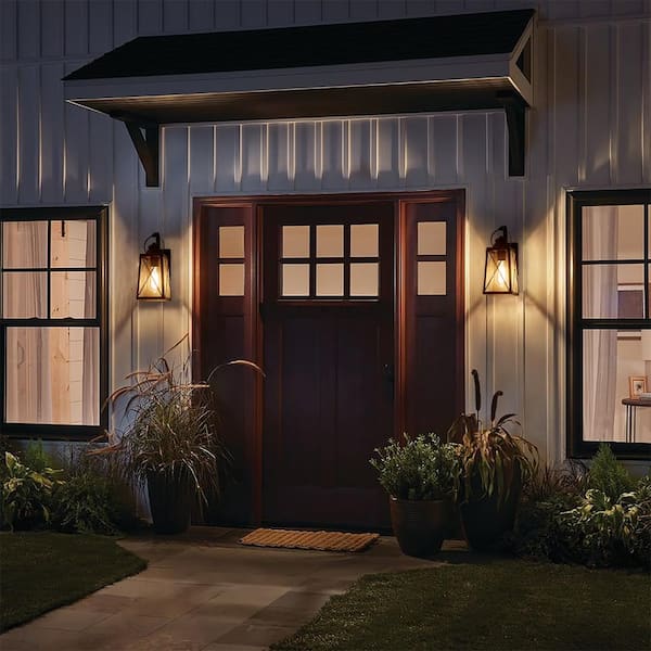 Craftsman 1-Light Matte Black Outdoor Wall Lantern Sconce with Seeded Glass Shade (2-Pack)