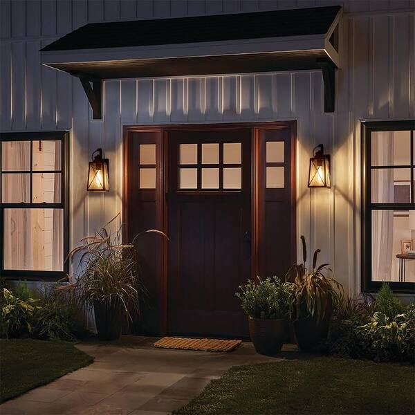 LNC 6ZJYQNHD151BDW7 Craftsman 1-Light Matte Black Outdoor Wall Lantern Sconce with Seeded Glass Shade (2-Pack)
