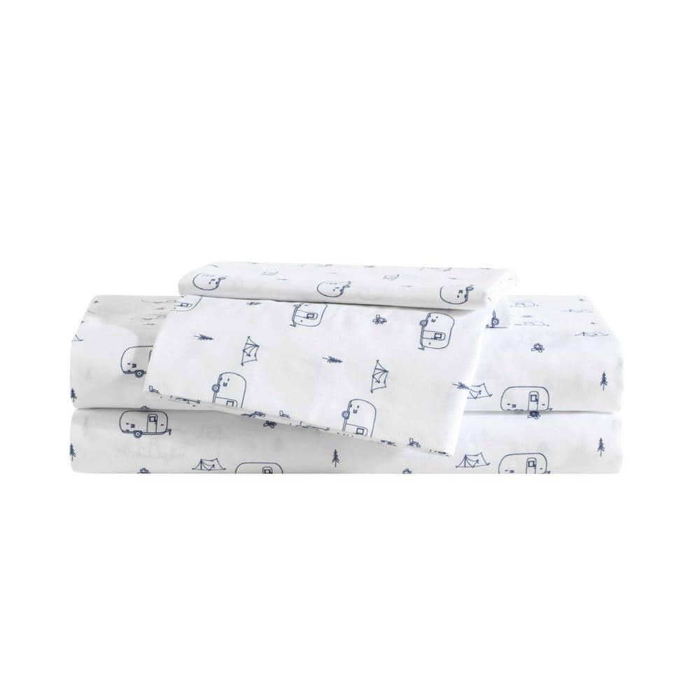Travel Trailer Novelty 3-Piece White/Blue Microfiber Twin Xl Sheet Set