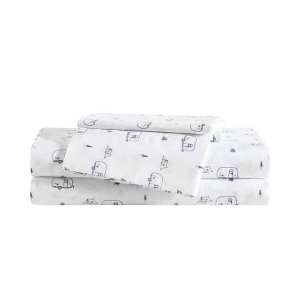 Travel Trailer Novelty 4-Piece White/Blue Microfiber Full Sheet Set