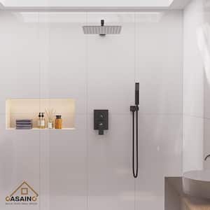 1-Spray Patterns 12 in. Wall Mount Shower System Rain Shower Heads and Metal Handheld in Matte Black (Valve Included)