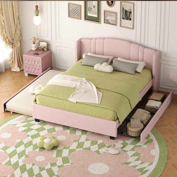 Harper & Bright Designs Pink Wood Frame Queen Size Linen Upholstered Platform Bed with Wingback Headboard, 2-Drawer, Twin Size Trundle