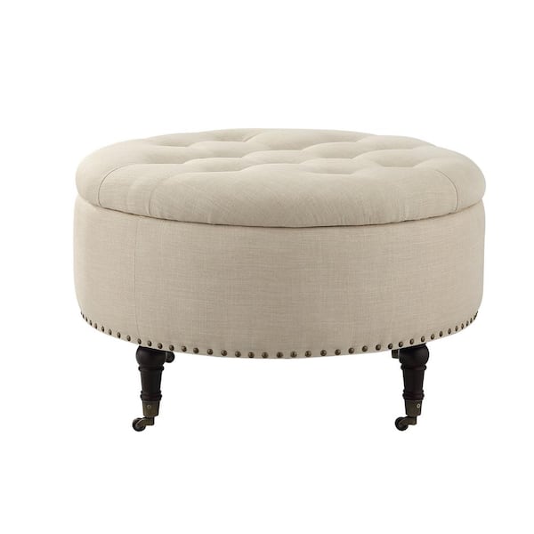 Rustic Manor Renata Beige Upholstered Linen Round Shape Storage Ottoman