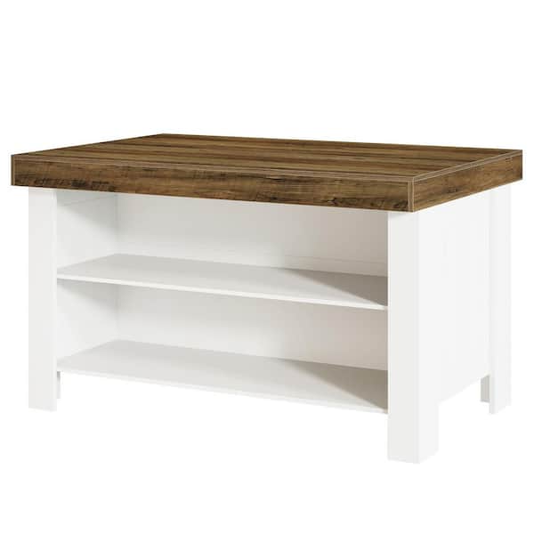 Dark Brown and White Wood 55.12 in. Kitchen Island with Storage and Seating Space, Bar Cabinet with Open Shelves