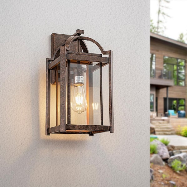 17 in. 1-Light Rust Color Outdoor Wall Light Lantern Sconce with Clear Glass Shade