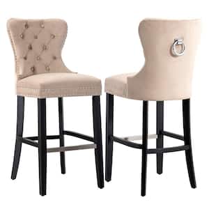Harper 29 in. Taupe Velvet Tufted Wingback Kitchen Counter Bar Stool with Black Solid Wood Frame (Set of 2)